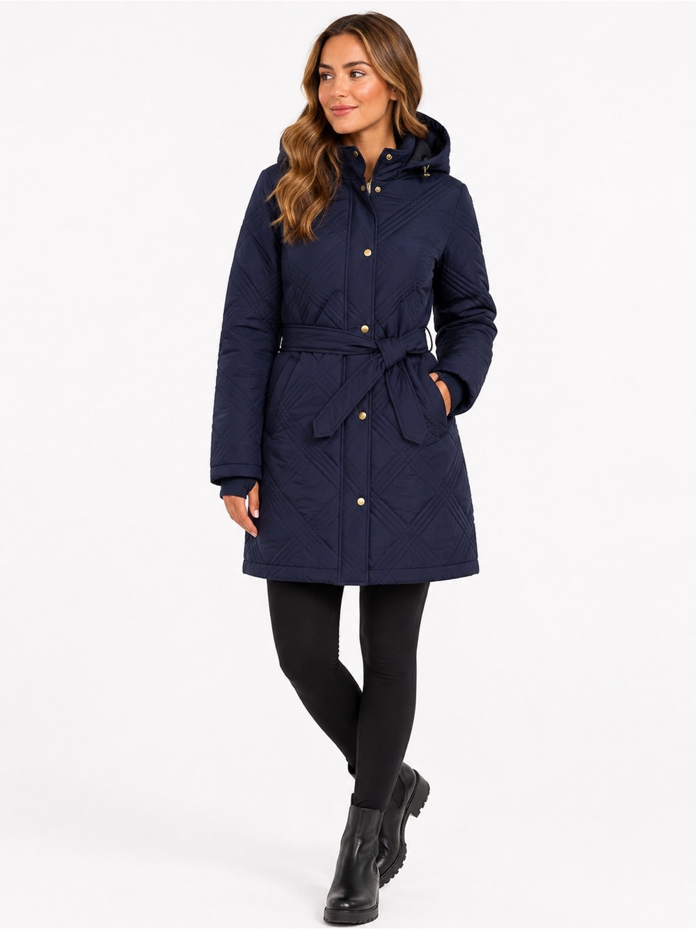 Jones New York Navy Quilted Hooded Belted Puffer Coat